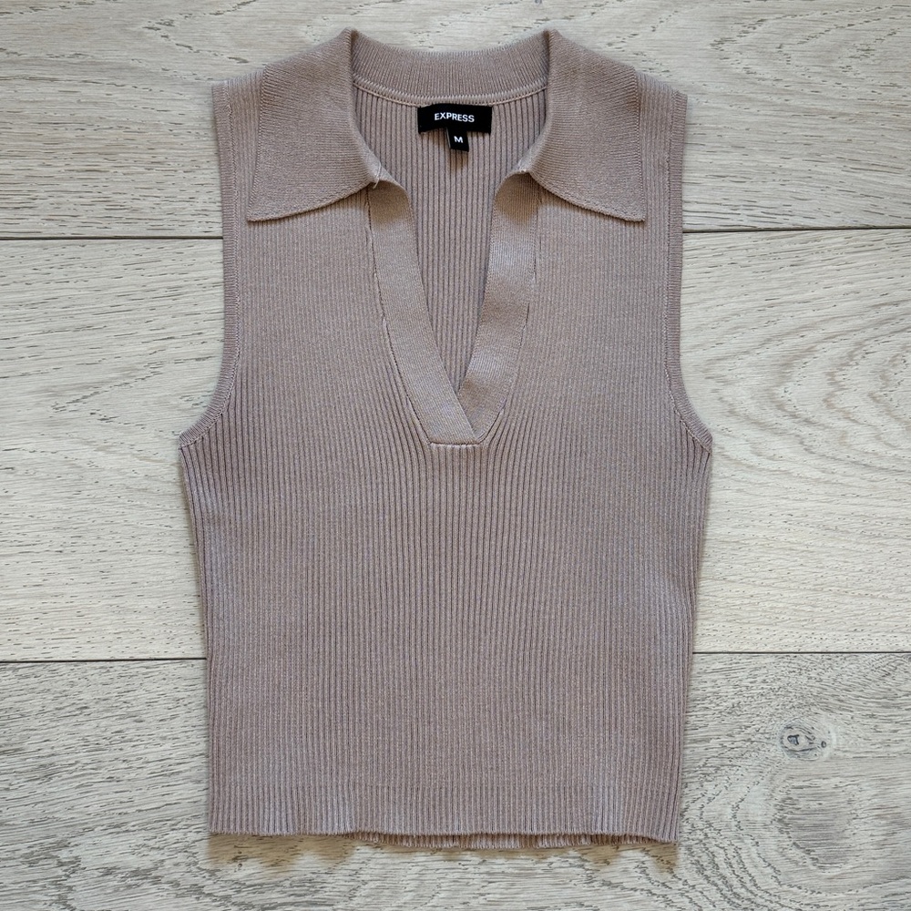 Express Ribbed V-Neck Seamless Sweater Polo in Sand Size Medium